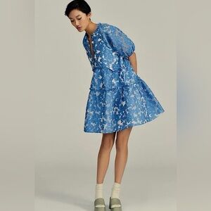 Maeve Blue Floral Jacquard Tiered Mini Dress